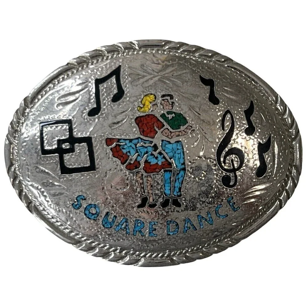 Vtg Square Dance Music Notes Rare inlaid Turquoise Enamel Couple SSI Belt Buckle